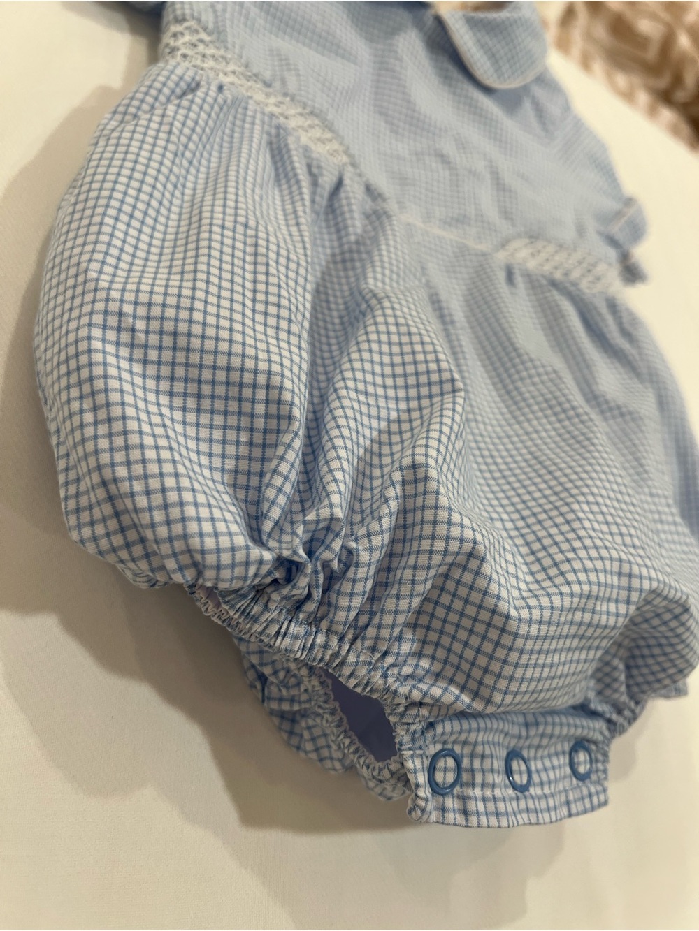 The Beaufort Bonnet Co Blue Gingham Peter Pan Collar Bubble with Smocking - Picture 2 of 7
